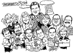 B/w full body group caricature