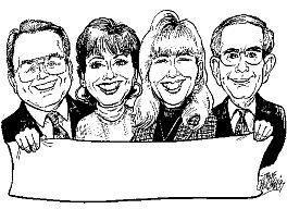B/w head only group caricature